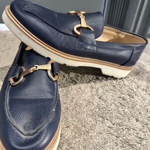 Women’s Navy Loafers with Gold Buckle